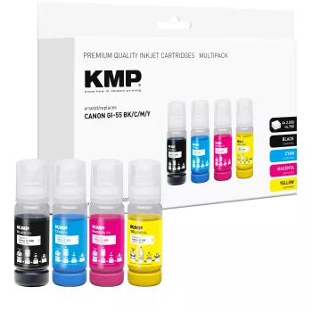 KMP Sada dopĺňacích atramentov pre Canon GI-55BK/C/M/Y, 4x70 ml kombinované balenie (Čierna, Azúrová, Purpurová, Žltá) 1587,0005