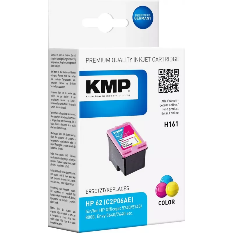 KMP H161 Tri-Colour atramentová kazeta (azúrová, purpurová, žltá) pre HP 62 – 4,5 ml 1741.4830