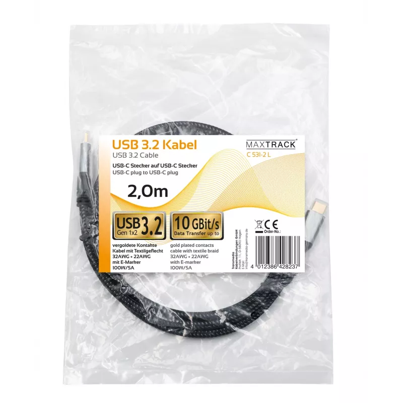 Maxtrack C531-2L USB-C na USB-C kábel 3.2 Gen2 10Gbps 100W PD 2m čierny