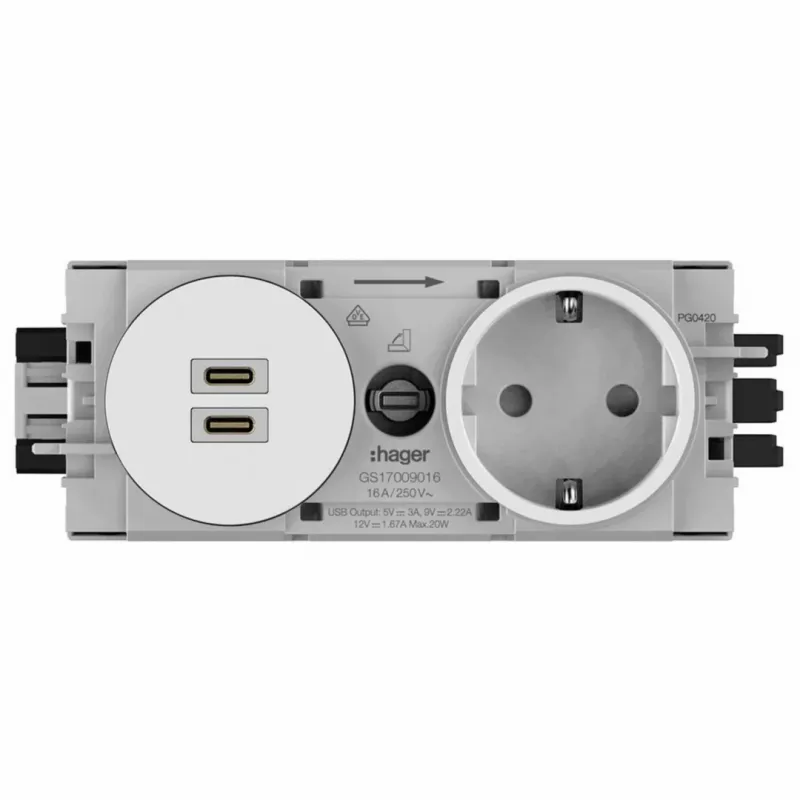Hager Winsta podomietková SCHUKO zásuvka s 2x USB-C PD 20W nabíjačka, čisto biela GS17009016
