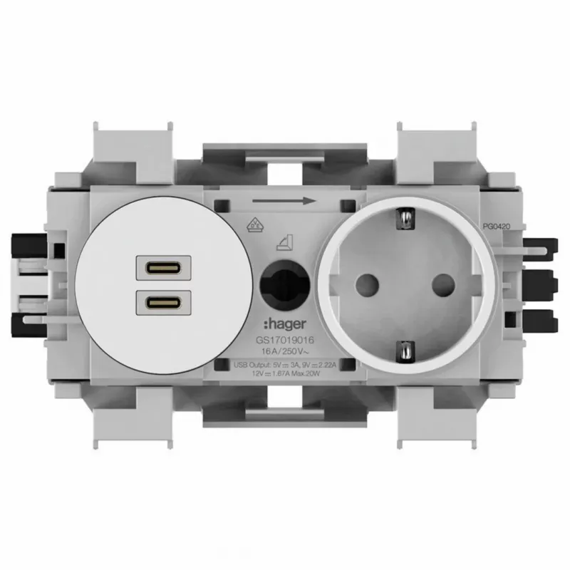 Hager Winsta zásuvka Schuko s duálnou USB-C PD 20W nabíjačkou, polárna biela GS17019016