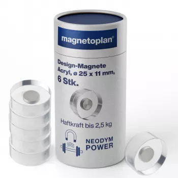 MAGNETOPLAN HOLTZ magnetoplan dizajnové magnety, 25 mm, balenie 6 ks neodýmové magnety s priehľadnou akrylovou rukoväťou, leštené (1680025)