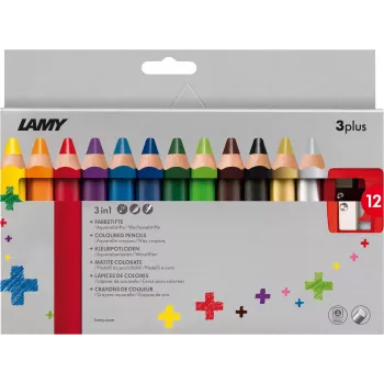LAMY 3plus farebné ceruzky, sada 12 ks, extra hrubé 3,3 mm lámavzdorné tuhy, ergonomická trojhranná úchopová zóna, rôzne farby 1223548