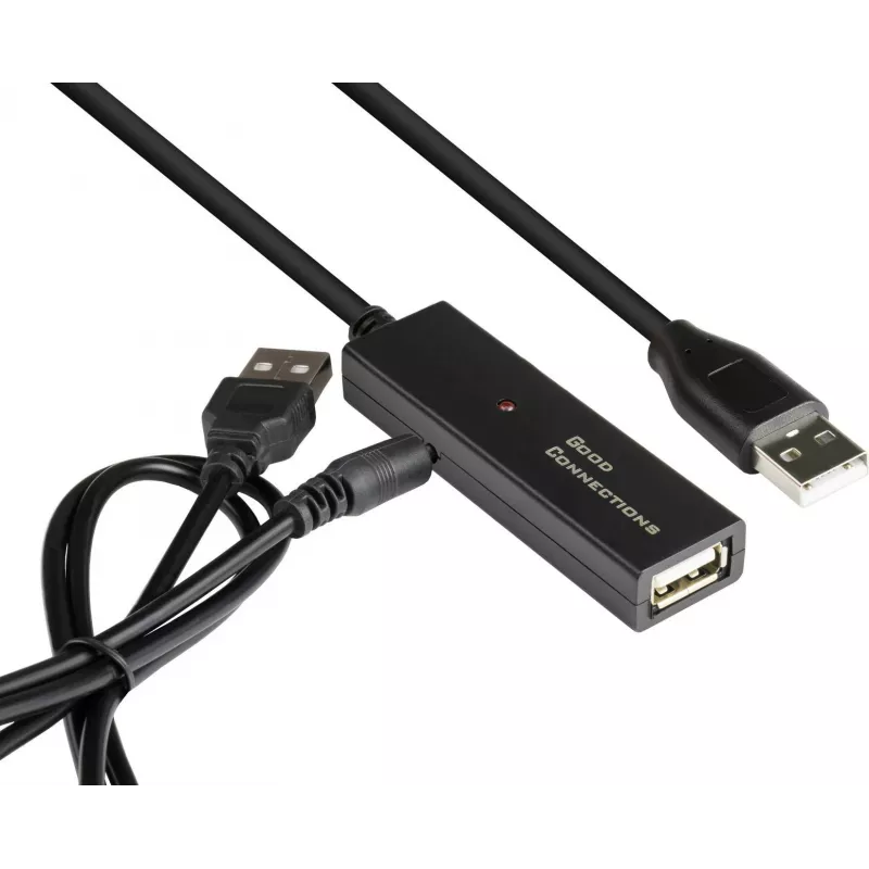 Good Connections aktívny USB 2.0 predlžovací kábel, Type-A konektor samec na Type-A konektor samica, meď, čierna, 15 m (GC-M0133)
