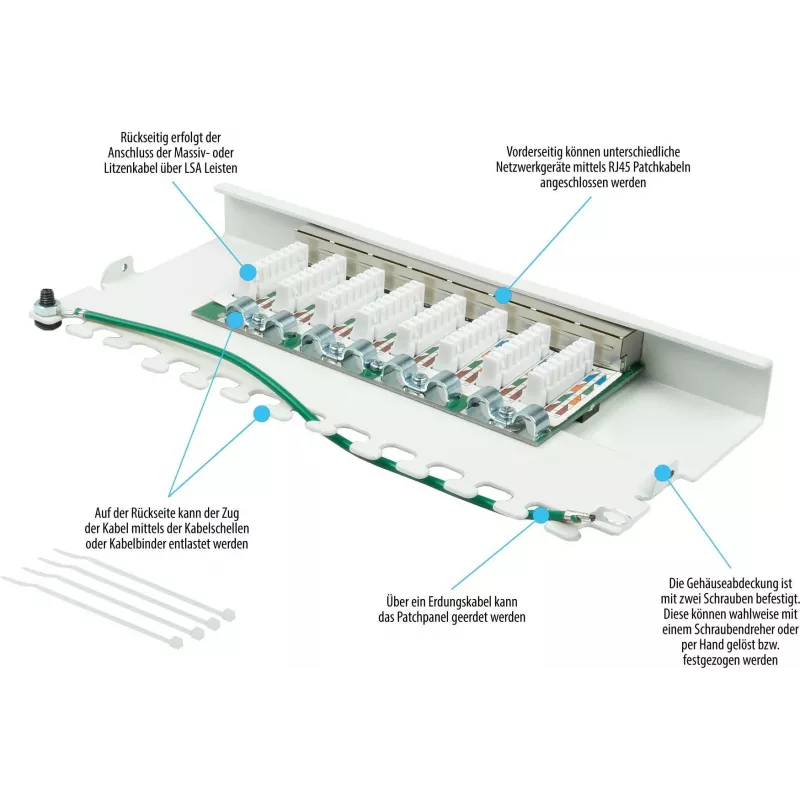 GoodConnections GC-N0113 Desktop Cat.6 8-port STP patch panel, 0,5U, bez nástrojov, čistá biela RAL9010