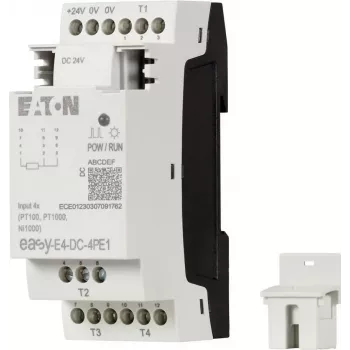 Eaton easyE4 DC 4PE1 rozširujúci modul RTD vstupov, 4 kanály, Pt100/Pt1000/Ni100/Ni1000, skrutkové svorky, DIN lišta, 24 V DC