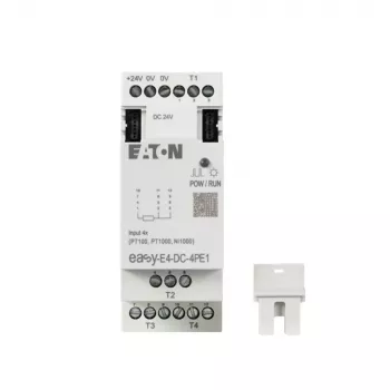 Eaton easyE4 DC 4PE1 rozširujúci modul RTD vstupov, 4 kanály, Pt100/Pt1000/Ni100/Ni1000, skrutkové svorky, DIN lišta, 24 V DC