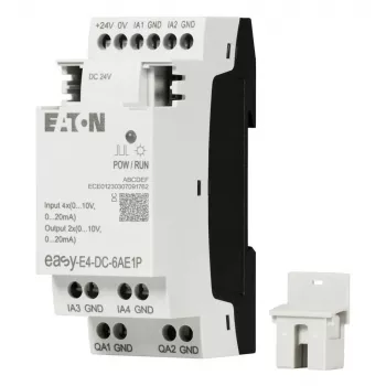 Eaton easyE4 DC 6AE1P PLC rozširujúci modul, 6 digitálnych vstupov, 4 reléové výstupy, 1 analógový vstup, 12/24 V DC, DIN lišta 197516