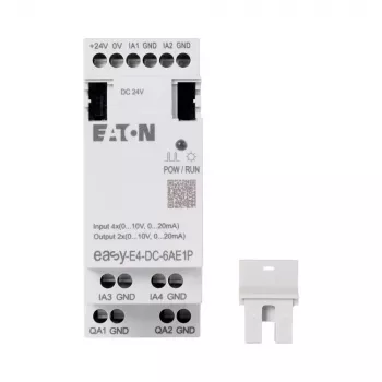 Eaton easyE4 DC 6AE1P PLC rozširujúci modul, 6 digitálnych vstupov, 4 reléové výstupy, 1 analógový vstup, 12/24 V DC, DIN lišta 197516