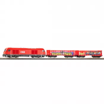 PIKO 57033 H0 detská štartovacia sada ÖBB nákladný vlak Rh 2016 s dvoma otvorenými vozňami Eaos