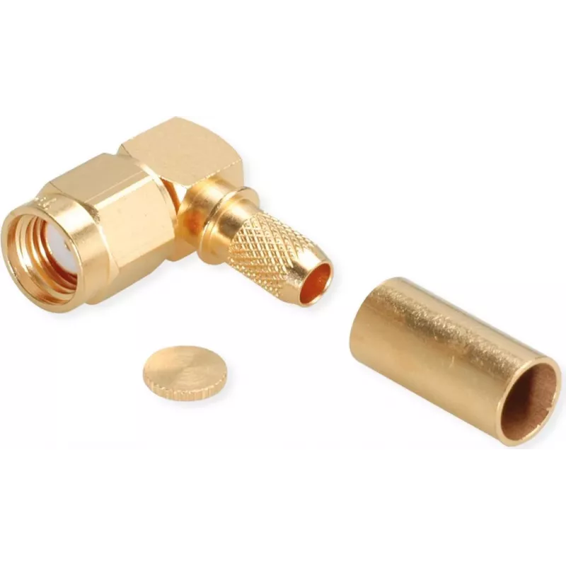 TELEGÄRTNER RP-SMA uhlový crimp konektor samec pre RG-58C/U, 50 Ohm, pozlátený