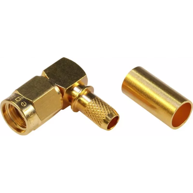 TELEGÄRTNER RP-SMA uhlový crimp konektor samec pre RG-58C/U, 50 Ohm, pozlátený