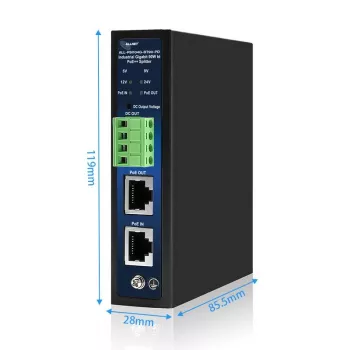 ALLNET Priemyselný PoE splitter/extractor IEEE 802.3bt Type 4, 90W, 5V/9V/12V/24V voliteľný výstup, Gigabit Ethernet, montáž na DIN lištu/stenu (ALL-PSI104G-BT90-PD)