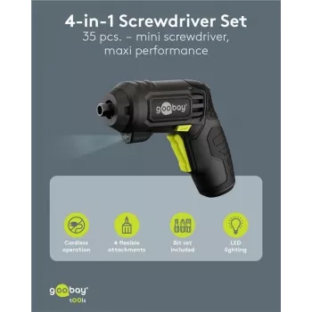 Goobay 77817 4-in-1 mini akumulátorový skrutkovač sada, 35 dielov, pištoľový tvar, so 4 nadstavcami