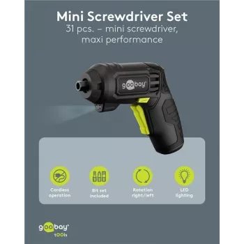 Goobay mini akumulátorový skrutkovač sada 31-dielna pištoľová rukoväť s 28 bitmi a Micro-USB nabíjacou funkciou (77818)