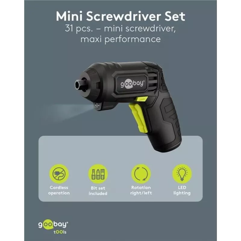 Goobay mini akumulátorový skrutkovač sada 31-dielna pištoľová rukoväť s 28 bitmi a Micro-USB nabíjacou funkciou (77818)