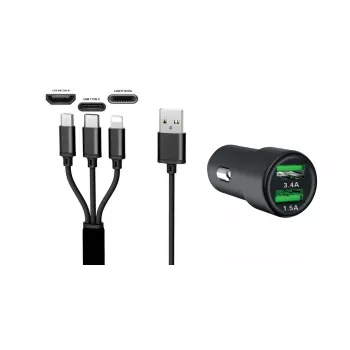 IWH Dual USB auto nabíjačka 3-in-1 12/24V 3,4A čierna (19061)