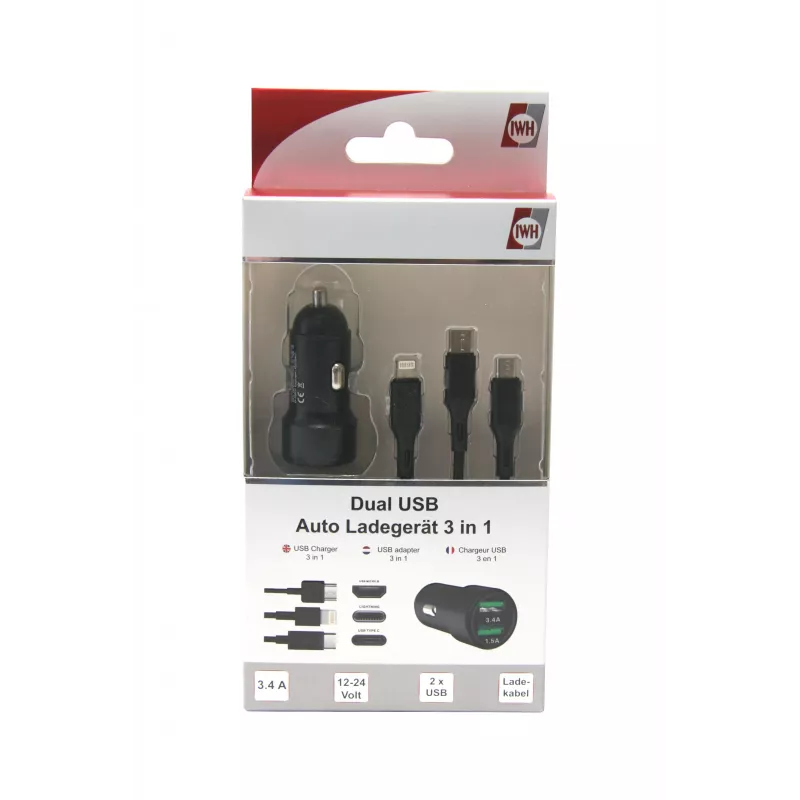 IWH Dual USB auto nabíjačka 3-in-1 12/24V 3,4A čierna (19061)