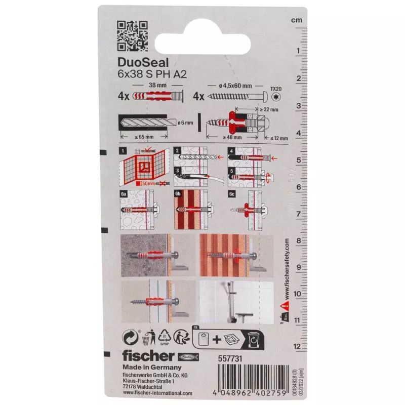 fischer DuoSeal 6 x 38 S PH TX A2 K NV sada hmoždiniek (4 ks) 557731