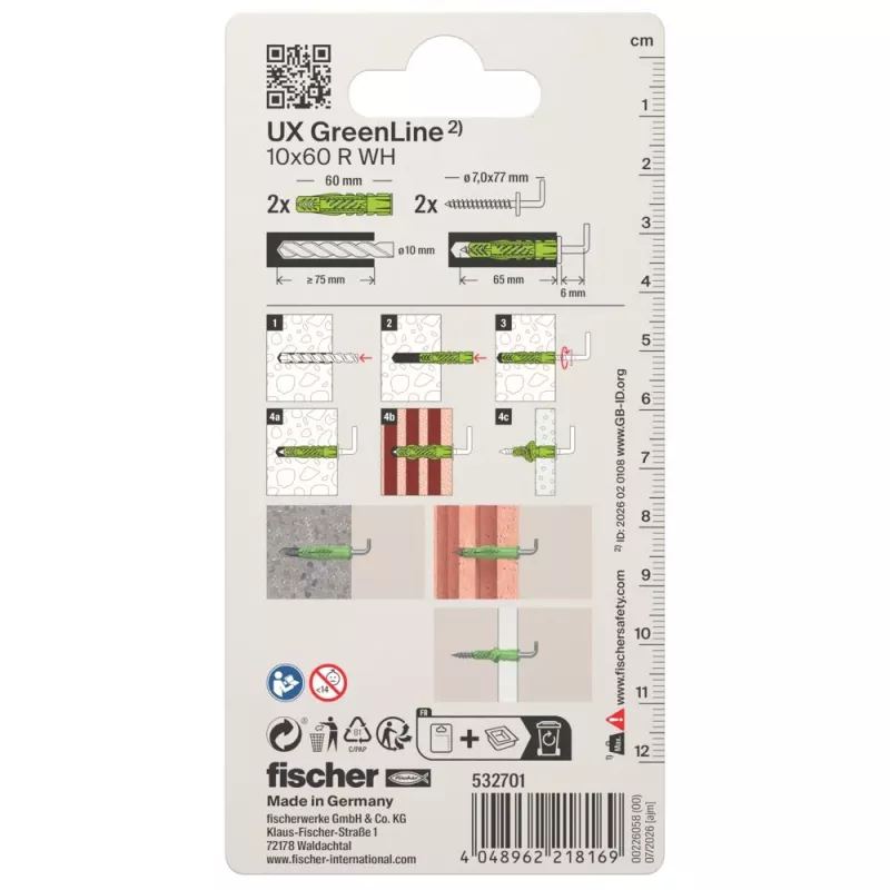 Fischer 532701 UX Green 10 x 60 R WH K NV univerzálna hmoždinka sada so skrutkou a L-hákom, 10 mm x 60 mm, 1 sada