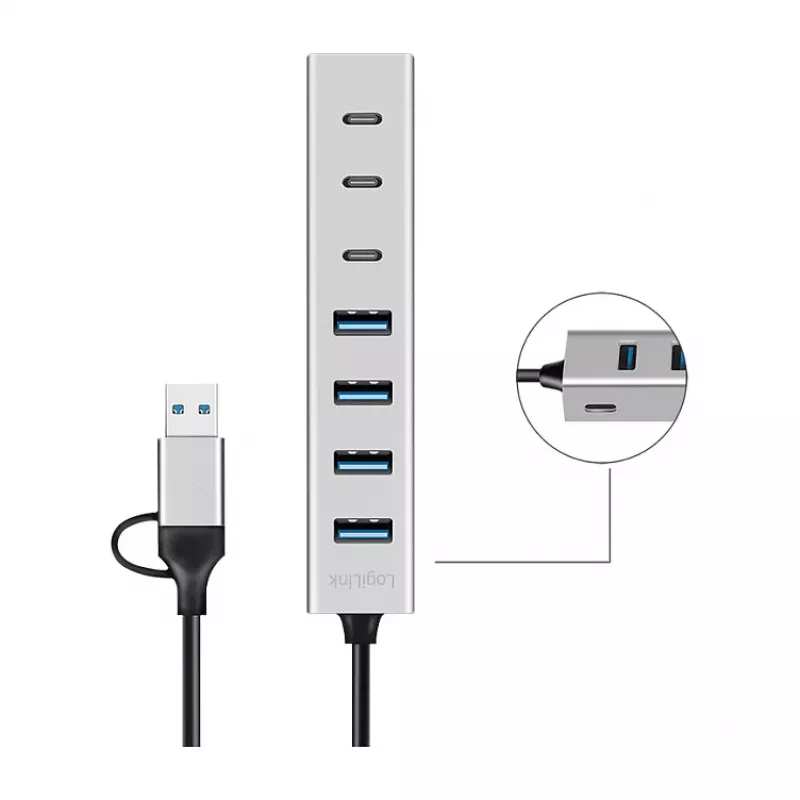 LogiLink USB 3.0 hub, 7-portový, 4x USB-A 3x USB-C, hliníkové puzdro