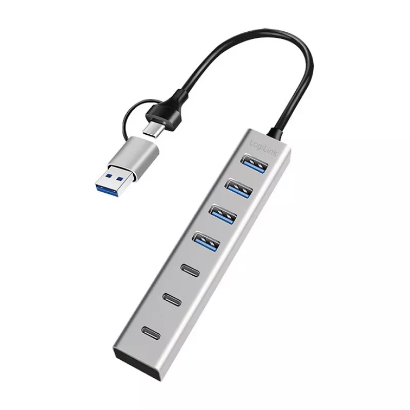 LogiLink USB 3.0 hub, 7-portový, 4x USB-A 3x USB-C, hliníkové puzdro