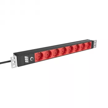 EFB Elektronik EK631CD.1V2 19 palcový 1U rackový PDU, 8 x CEE 7/3 červené výstupy, IEC C14 vstup, 10 A ochrana proti preťaženiu, čierna