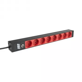 EFB Elektronik EK631CD.1V2 19 palcový 1U rackový PDU, 8 x CEE 7/3 červené výstupy, IEC C14 vstup, 10 A ochrana proti preťaženiu, čierna