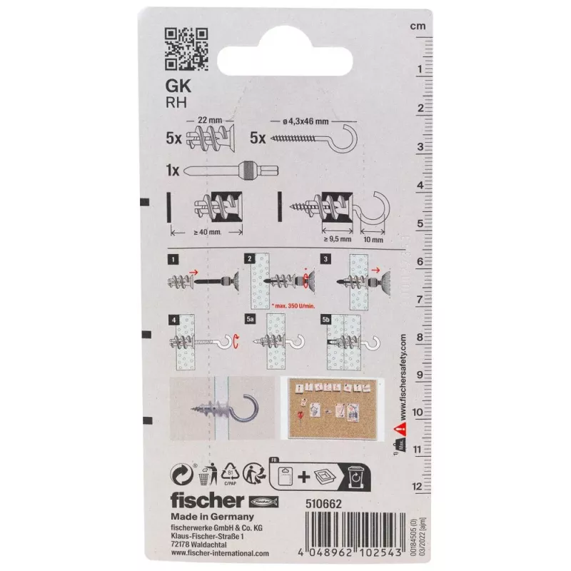 Fischer GK RH K NV sadrová hmoždinka s okrúhlym hákom, 22 mm, 1 sada (510662)
