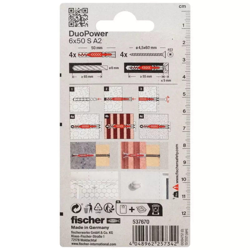 Fischer DuoPower 6 x 50 S A2 K NV univerzálna hmoždinka so skrutkou A2, 1 sada (537670)
