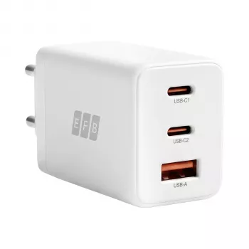 EFB Elektronik 65W GaN nástenná nabíjačka 2x USB-C + USB-A PD3.0 QC3.0 biela G651A2CE