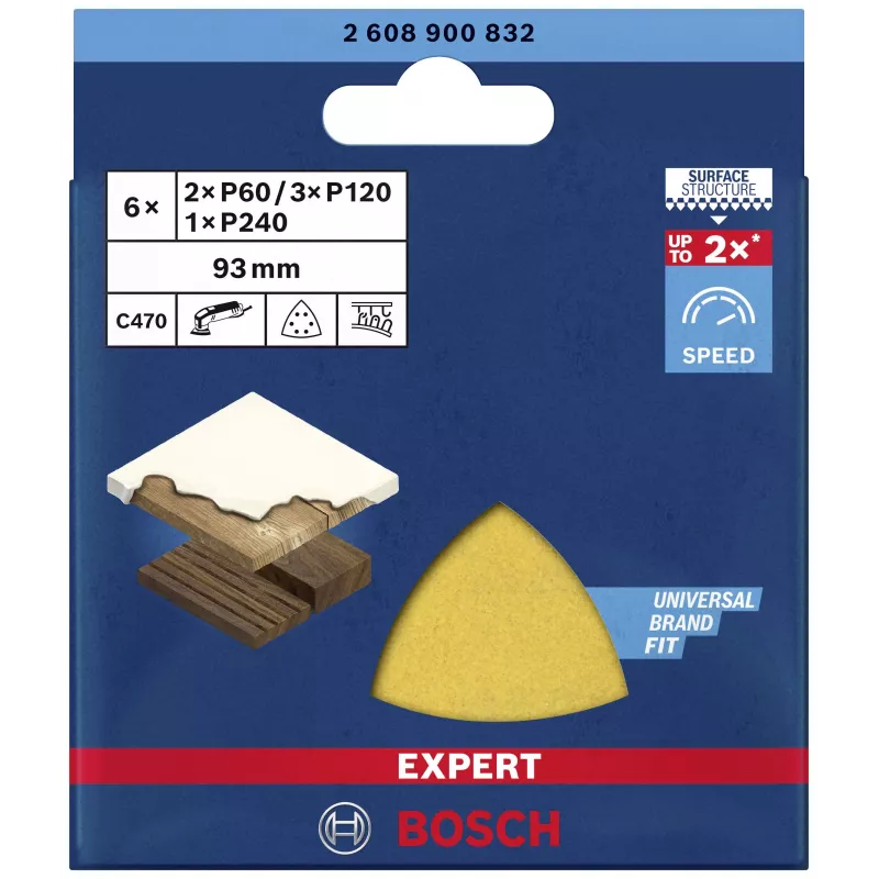 Bosch EXPERT C470 sada delta brúsnych listov 93 mm P60/P80/P120 suchý zips perforované balenie 6 ks 2608900832