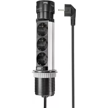 SYGONIX SY-4997104 Zásuvková veža, 6 ochranných kontaktných zásuviek, 2 USB-A porty, 1,5 m kábel, čierna/strieborná