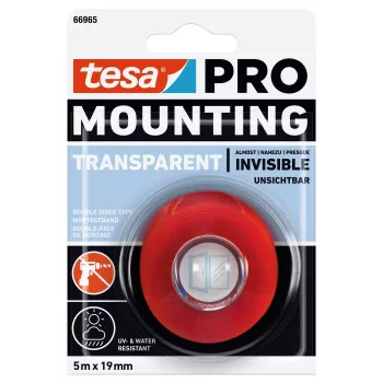 tesa Montage PRO transparentná 66965-00001-00 obojstranná akrylátová penová montážna páska, 5 m x 19 mm, nosnosť až 10 kg/m, UV a vlhkosť odolná, pre interiér a exteriér