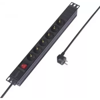 Sygonix SY-6736978 19 palcov 1U rack montážna zásuvková lišta, 6 Schuko zásuviek, 2m kábel, čierna