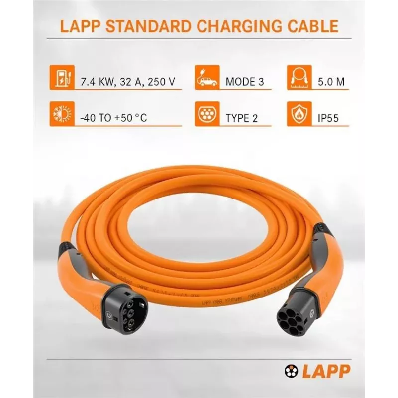 LAPP MOBILITY Type 2 EV nabíjací kábel, 7,4 kW, 5 m, oranžový 61786