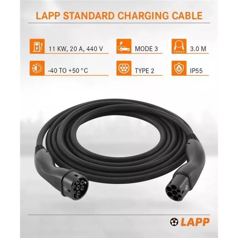 LAPP Type 2 EV nabíjací kábel Mode 3 11 kW 3-fázový 16 A 3 m čierny 75747
