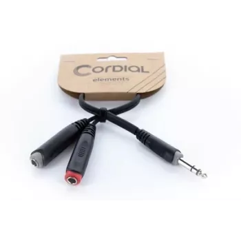 Cordial 14890 audio Y adaptér kábel 6,3mm stereo jack konektor samec na 2x 6,3mm mono jack konektor samica 0,30m čierny PVC twin kábel