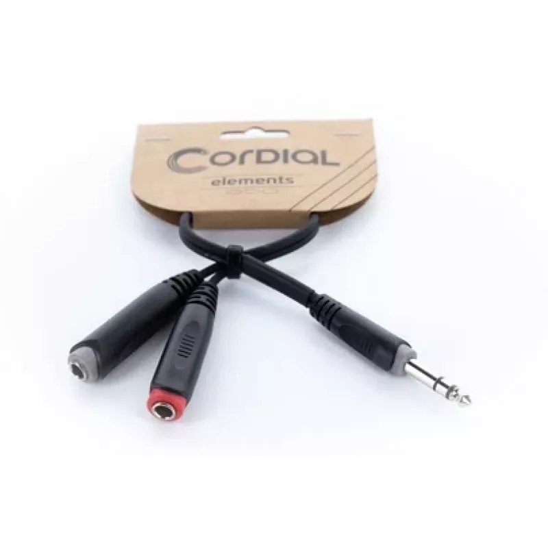 Cordial 14890 audio Y adaptér kábel 6,3mm stereo jack konektor samec na 2x 6,3mm mono jack konektor samica 0,30m čierny PVC twin kábel