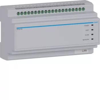 Hager RTD210X 2-drôtový systémový prepínač, 6-násobný, pre Hager IP videovrátnik, DIN lišta, 4 moduly, svetlosivá