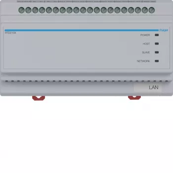 Hager RTD210X 2-drôtový systémový prepínač, 6-násobný, pre Hager IP videovrátnik, DIN lišta, 4 moduly, svetlosivá