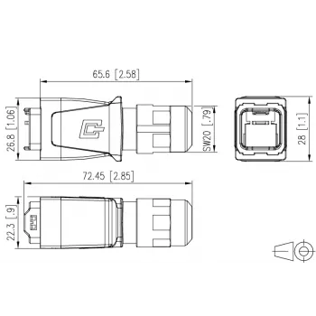 METZ BTR 14010850C0ME priemyselné IP67 V14 RJ45 konektorové puzdro, Push-Pull, prázdne