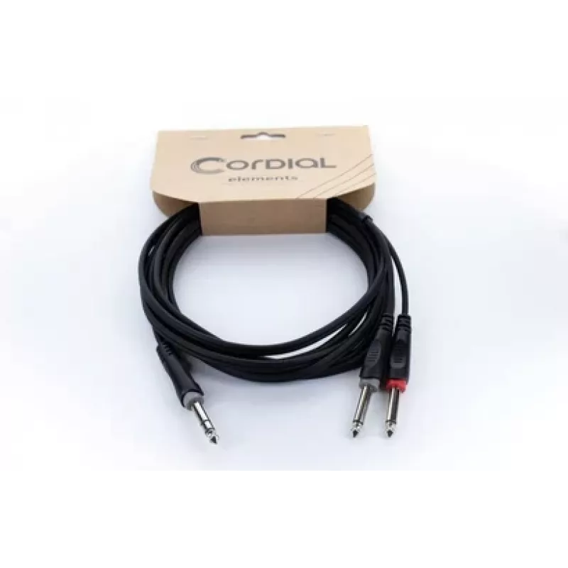 Cordial 14877 audio Y-adapter kábel 6,3 mm stereo jack konektor samec na 2x 6,3 mm mono jack konektor samec 1,5 m čierny PVC dvojitý kábel