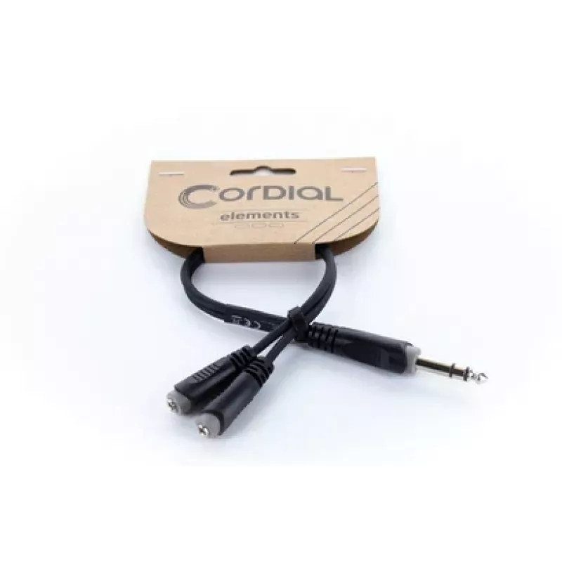 Cordial 14886 audio Y adaptérový kábel 6,3 mm stereo jack konektor samec na 2x 3,5 mm stereo jack konektor samica 0,3 m čierny PVC dvojitý kábel