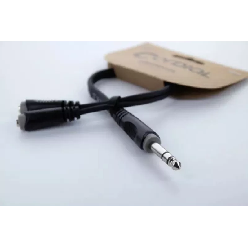 Cordial 14886 audio Y adaptérový kábel 6,3 mm stereo jack konektor samec na 2x 3,5 mm stereo jack konektor samica 0,3 m čierny PVC dvojitý kábel