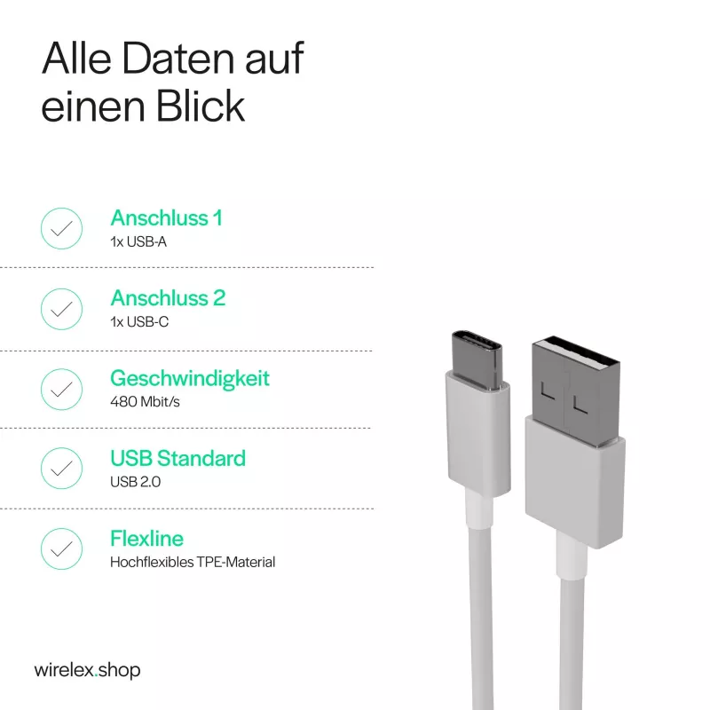 FLEXLINE FL31-13043 USB-A na USB-C nabíjací a synchronizačný kábel, 2.0, ABS, biela, 2m