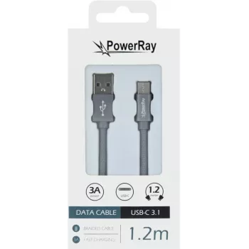 PowerRay dátový kábel PR-DCUC120TGY USB-A na USB-C 1,2 m textilná sivá pletená rýchle nabíjanie & 5 Gbps synchronizácia dát