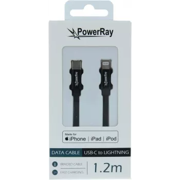 PowerRay USB-C na Lightning MFi pletený dátový & nabíjací kábel 1,2m čierny PR-DCCL120TBK