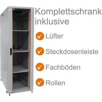 IT-BUDGET 19 palcový sieťový rozvádzač SRK kompletná sada 38U 600x600mm sklenené/ocelové dvere 4 ventilátory PDU police Flatpack svetlosivá 90ITB19SRK3866GG