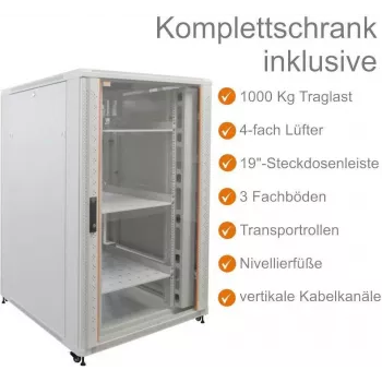 IT-BUDGET 19 palcový serverový rack SRK kompletná sada - 27U - 800x1000 mm - sklenené/ocelové dvere - 4 aktívne ventilátory - PDU - police - Flatpack - svetlosivá 90ITB19SRK27810GG